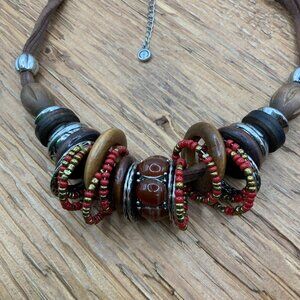 Est. 1946 Boho Gold Brass Tone Wood Ring Beaded Multi Leather Cord Necklace